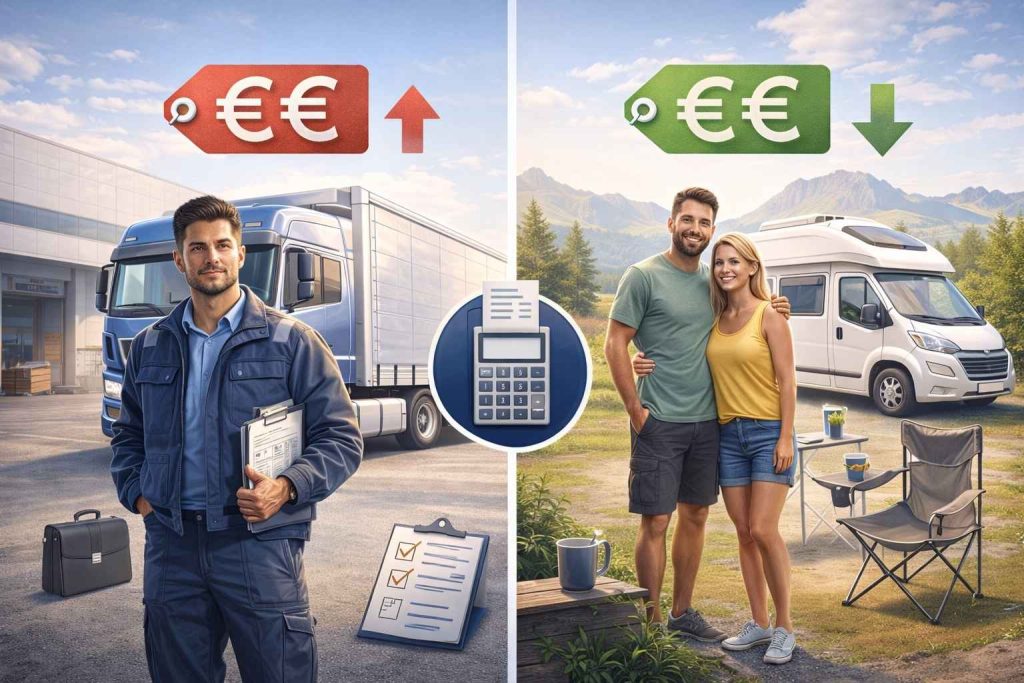 Comparaison visuelle des tarifs d'assurance poids lourds 2026 montrant un chauffeur professionnel avec semi-remorque en environnement logistique à gauche avec indicateurs de prix élevés, et une famille avec camion aménagé en camping à droite avec indicateurs de prix bas, illustrant l'écart tarifaire entre usage professionnel et privé.