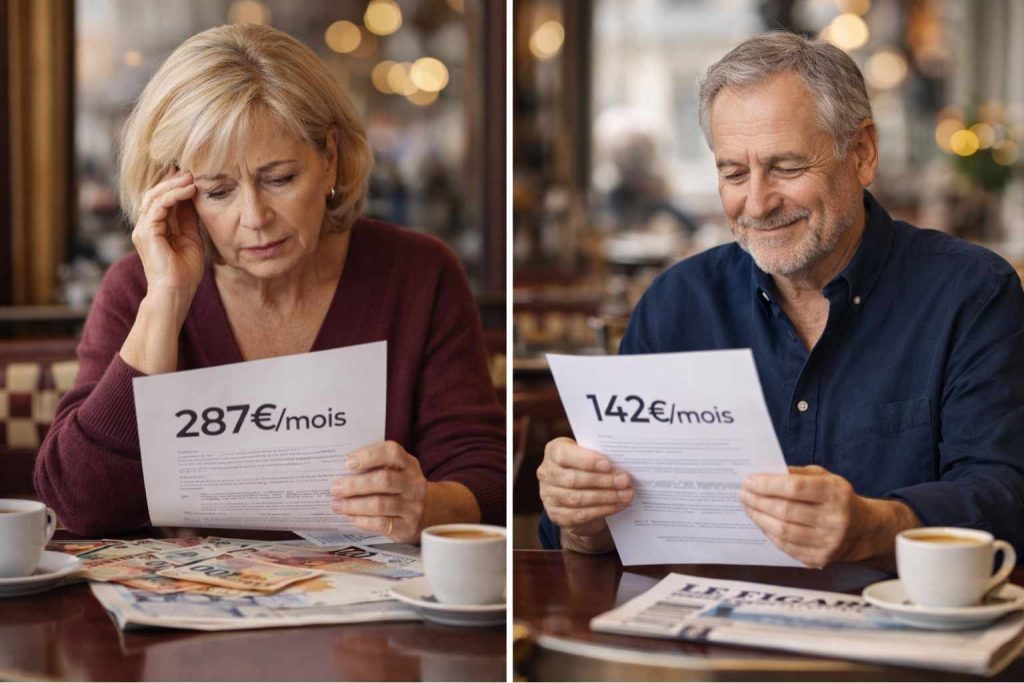 Comparaison entre une senior stressée payant 287€/mois de mutuelle et un senior satisfait payant 142€/mois