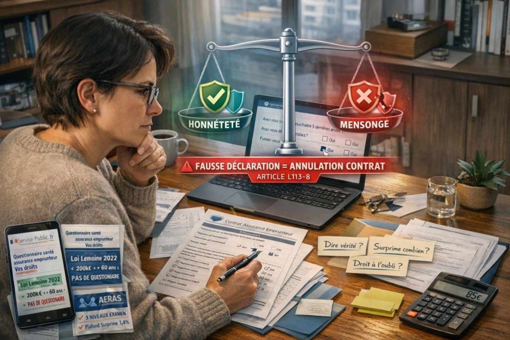 Personne française remplissant questionnaire santé assurance emprunteur ordinateur portable dilemme honnêteté versus mensonge balance scales transparence surprime 20 euros mois versus fausse déclaration annulation contrat perte 165000 euros