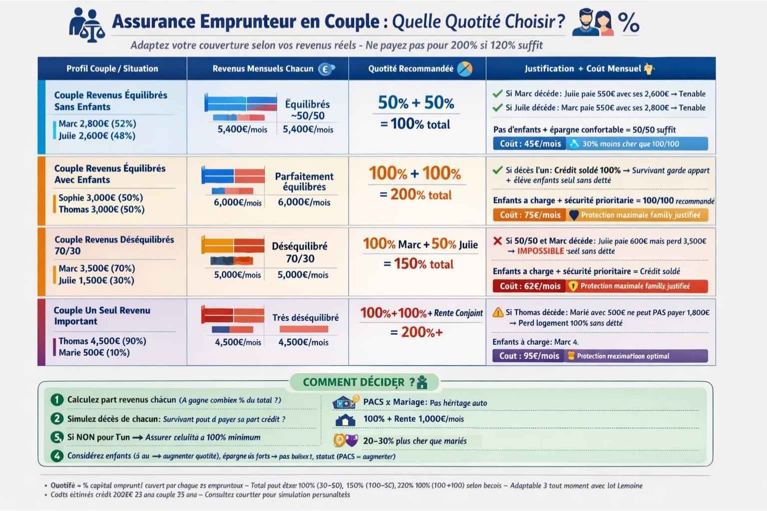 Tableau décision quotité assurance emprunteur couple : revenus équilibrés sans enfants 50 plus 50 pourcent 45 euros mois, avec enfants 100 plus 100 75 euros, déséquilibrés 70 30 optimisé 100 plus 50 62 euros, seul revenu 100 plus 100 obligatoire 85 euros, PACS 100 plus 100 plus rente 95 euros