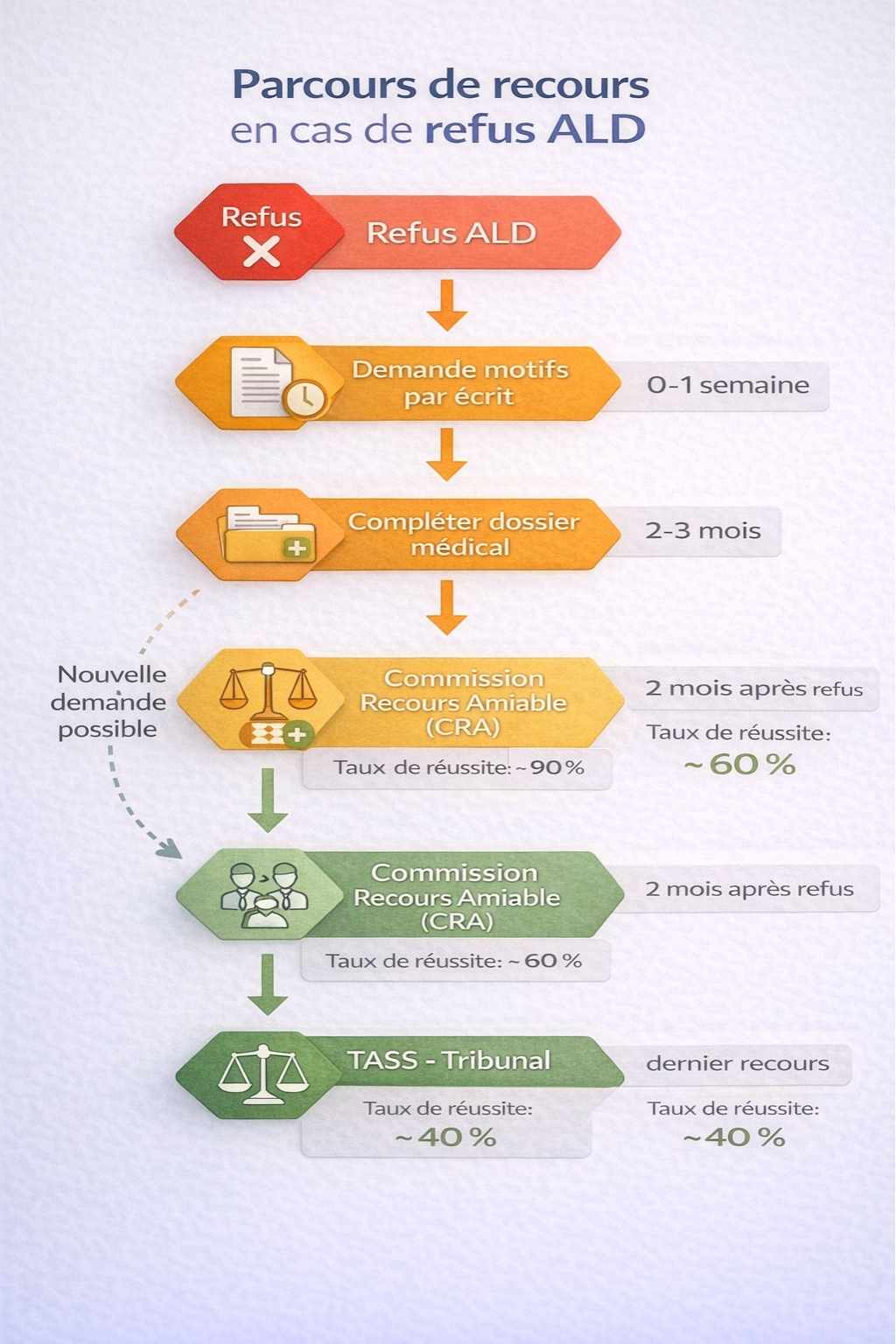 Diagramme du parcours de recours administratif et juridique en cas de refus de demande ALD