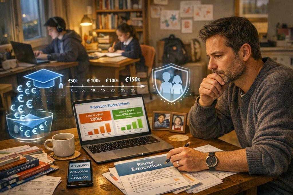 Parent planifiant rente éducation à table avec documents assurance et enfants étudiant en arrière-plan montrant protection avenir scolaire