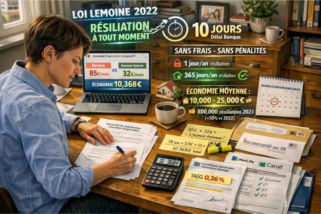 Personne française signant lettre résiliation assurance emprunteur loi Lemoine 2022 ordinateur montrant économie 85 euros mois banque versus 32 euros externe total 10368 euros économisés résiliation tout moment sans frais