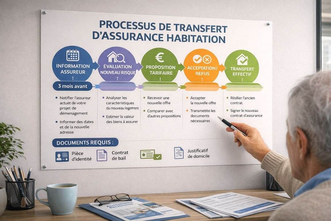 Infographie murale en agence montrant les 5 étapes du processus de transfert d'assurance habitation lors d'un déménagement, main de senior pointant une étape