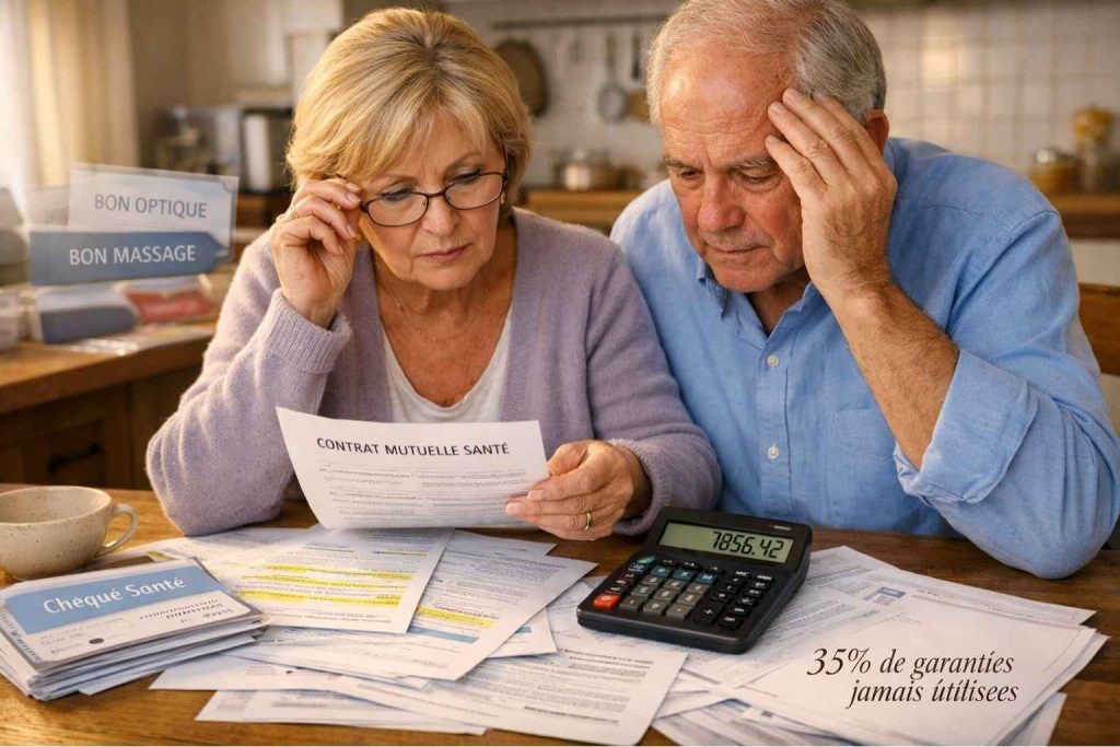 Couple de seniors français examinant leurs documents de mutuelle santé avec inquiétude, entourés de factures et garanties non utilisées
