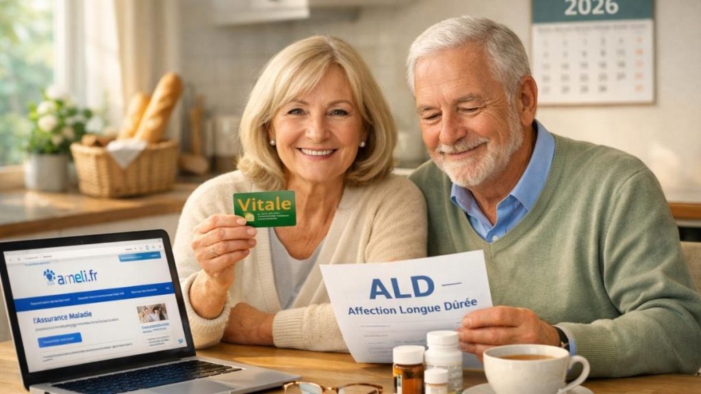 Couple de seniors souriants consultant leurs documents ALD et carte Vitale à leur domicile