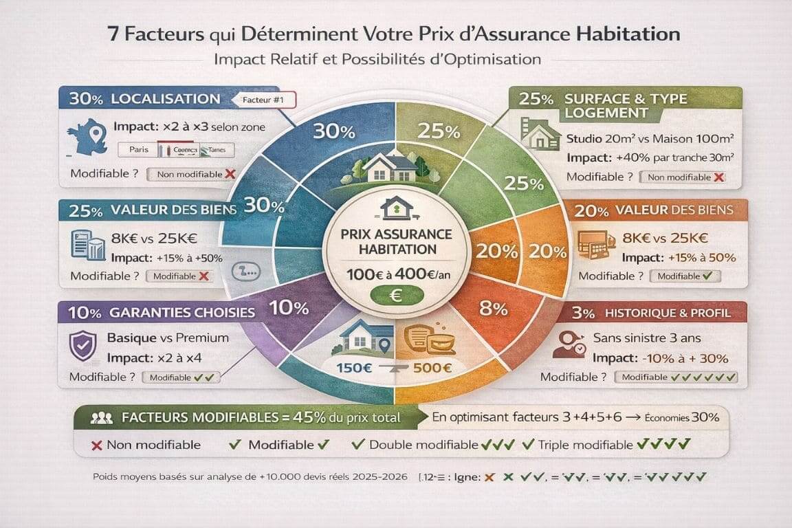 Capture écran annotée interface comparateur assurance avec huit zones critiques expliquées par callouts pédagogiques