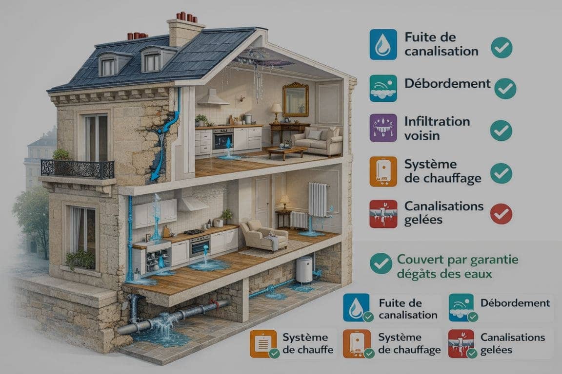 Schéma d'appartement en coupe montrant les différentes sources de dégâts des eaux couvertes par l'assurance habitation