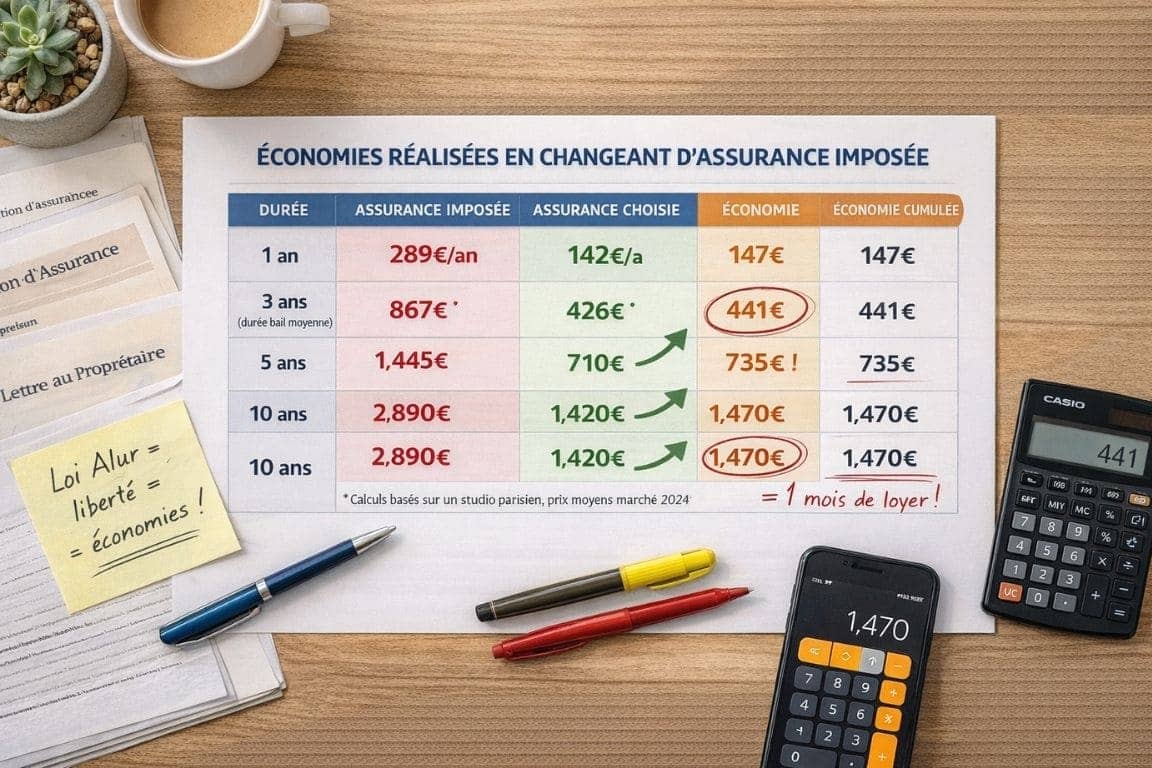 Vue aérienne d'un tableau d'économies montrant comparaison assurance imposée versus choisie sur 1, 3, 5 et 10 ans, avec économies cumulées jusqu'à 1470€ surlignées