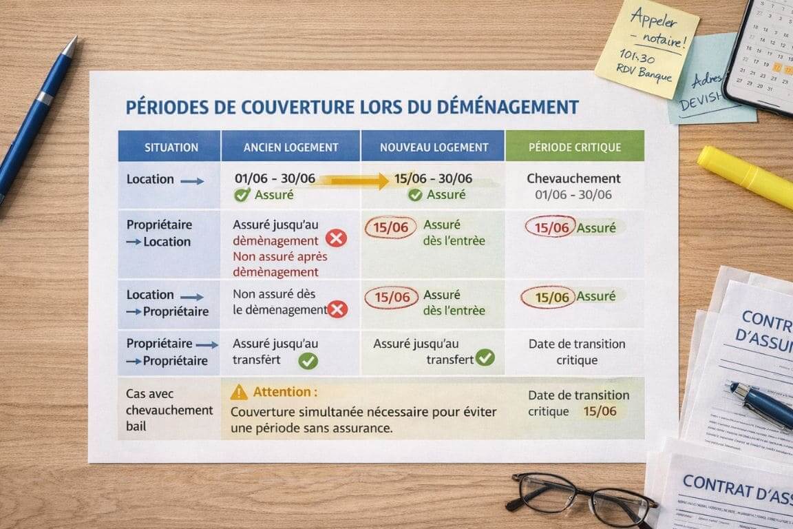 Vue aérienne d'un tableau imprimé détaillant les périodes de couverture assurance selon différents scénarios de déménagement, avec annotations au stylo et surlignages