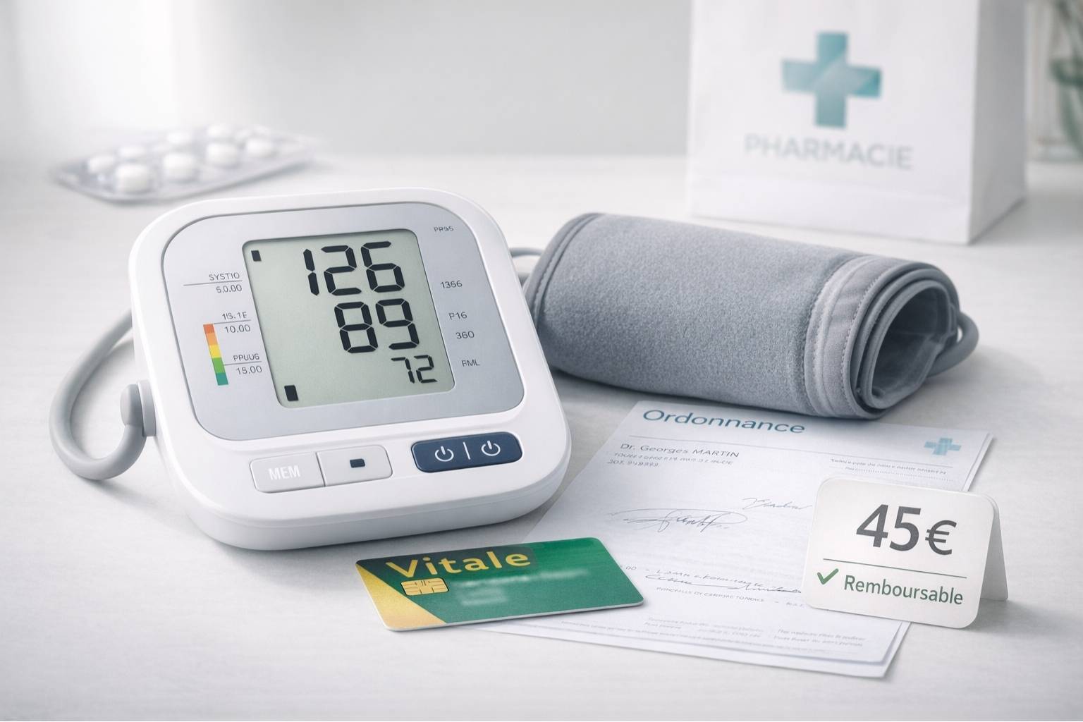 Tensiomètre électronique homologué avec ordonnance et carte vitale montrant le remboursement par l'Assurance Maladie française