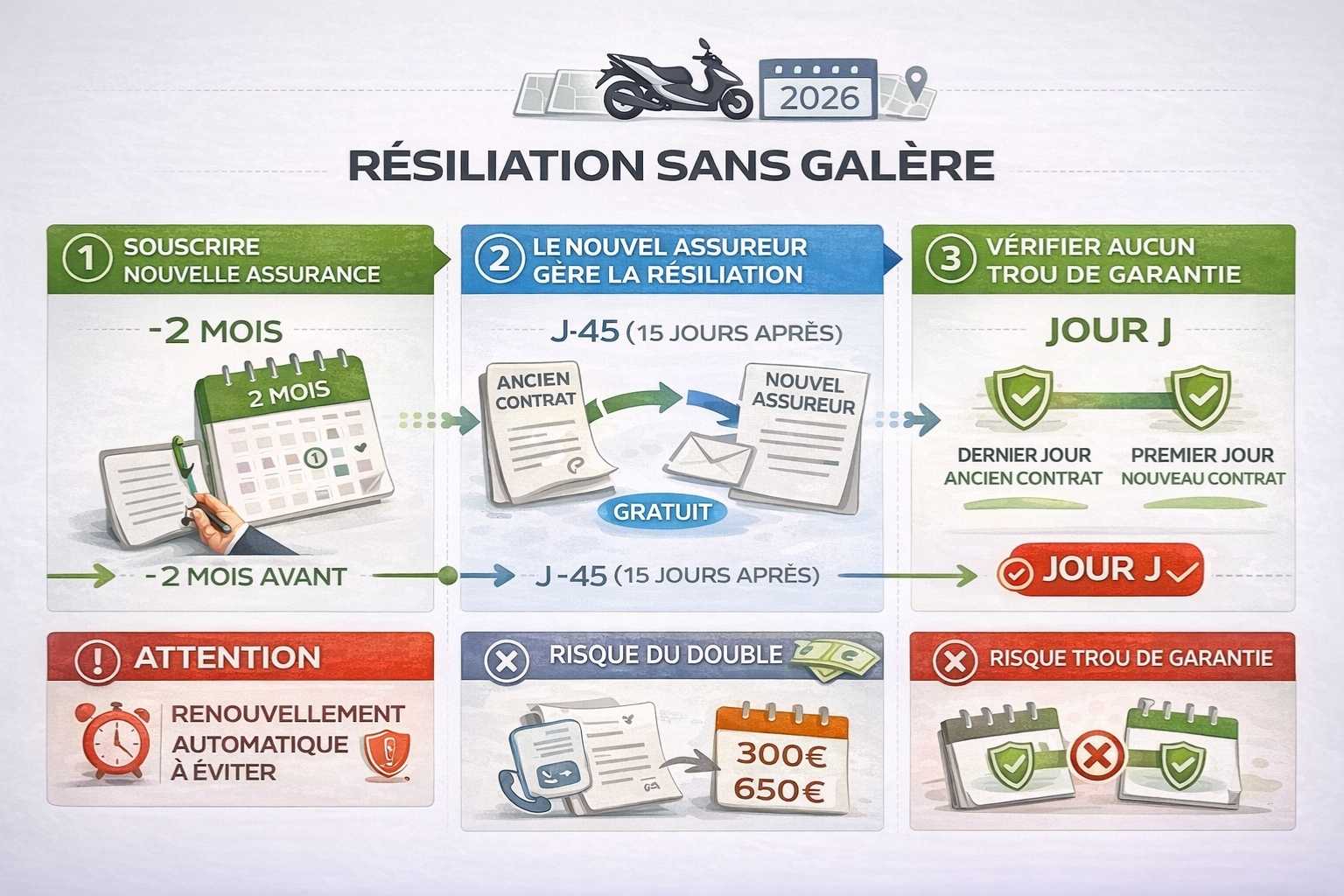 Infographie timeline professionnelle horizontale trois étapes résiliation changement assurance moto : étape un badge vert souscrire nouvelle assurance deux mois avant échéance avec calendrier date précise, étape deux badge bleu nouvel assureur gère résiliation service gratuit avec transfert documents, étape trois badge vert vérifier pas gap couverture transition seamless jour J, avec flèches progression et marqueurs temps évitant double paiement et interruption couverture.