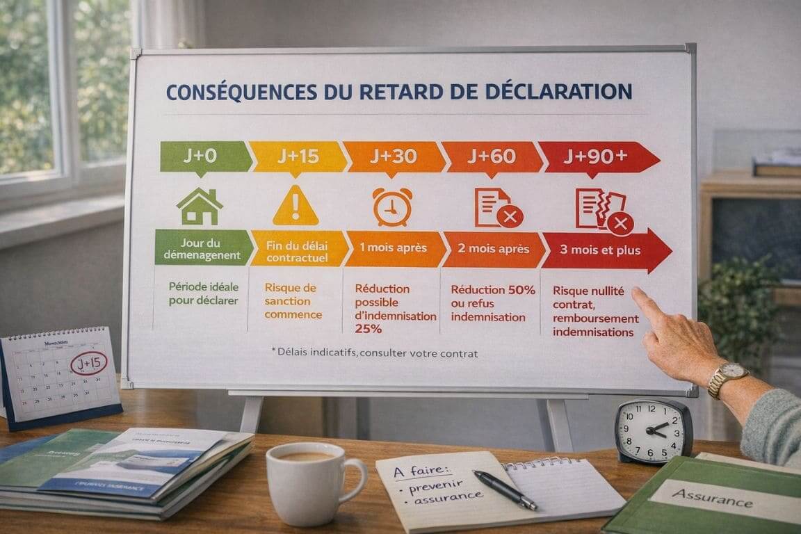 Infographie timeline murale montrant l'évolution des conséquences d'un retard de déclaration de changement d'adresse, du jour du déménagement à 90 jours après, avec gradient de couleurs d'alerte