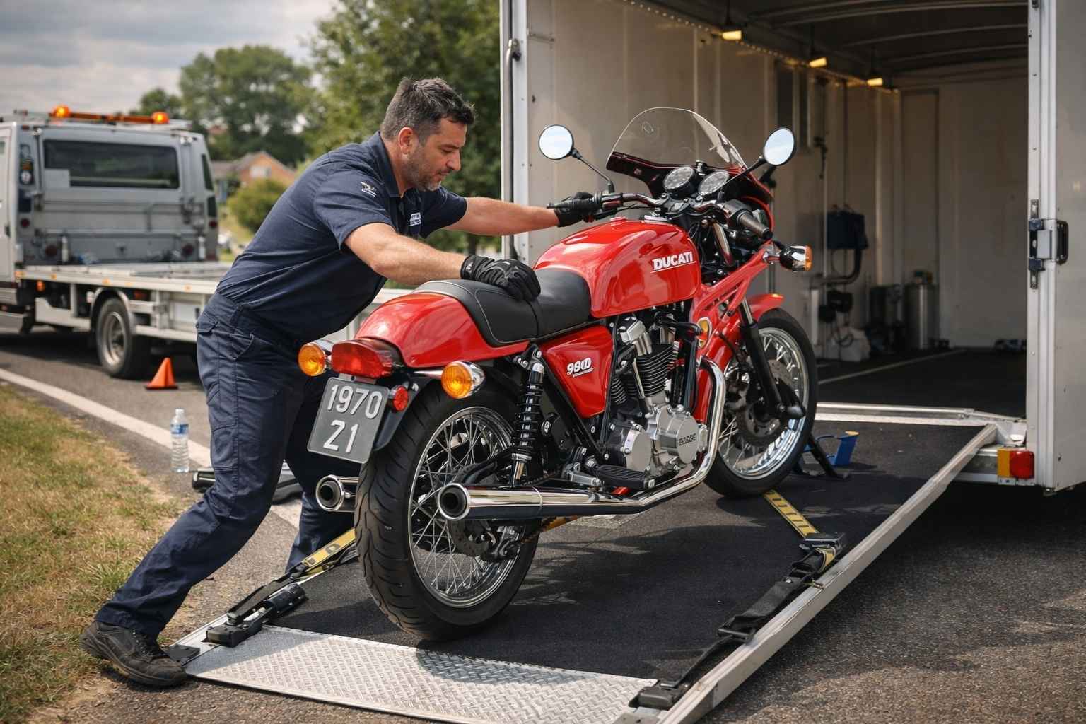 Scène professionnelle de remorquage d'une moto vintage italienne Ducati 900 SS ou Moto Guzzi Le Mans sur remorque fermée spécialisée, opérateur en uniforme manipulant délicatement la moto classique avec équipement adapté, illustrant assistance 0 km professionnelle pour motos de collection de haute valeur.