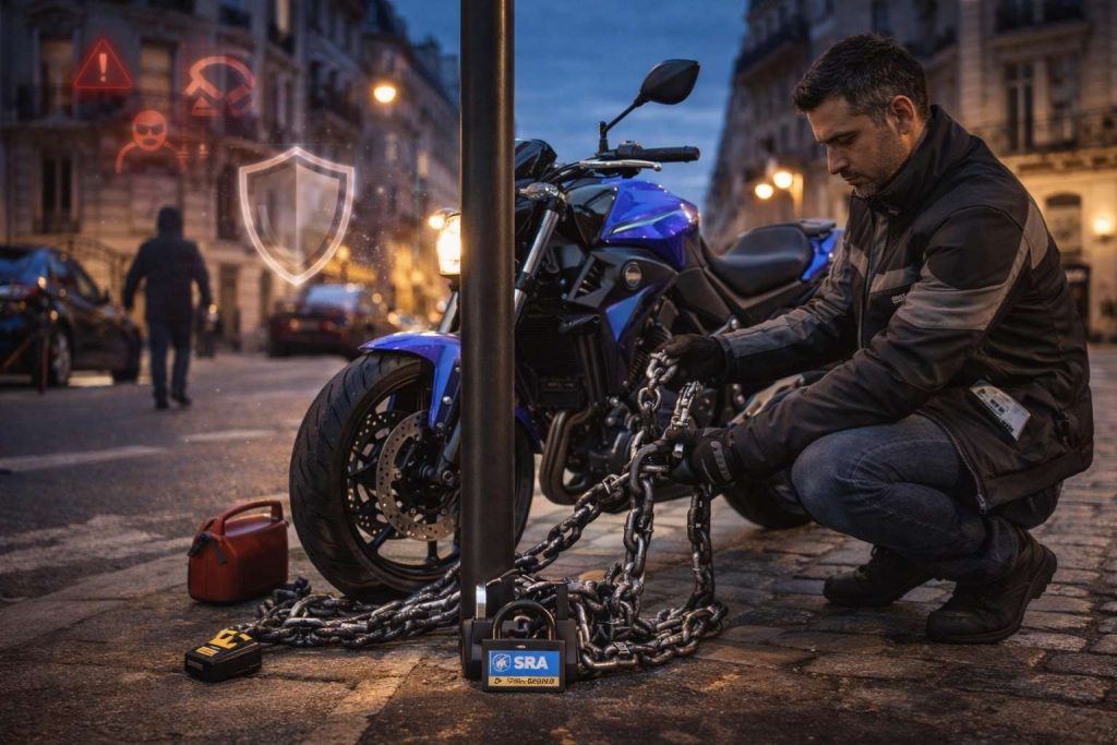 Motard urbain parisien de 30 ans accroupi sécurisant sa moto moderne avec chaîne antivol professionnelle homologuée SRA niveau 3 enroulée à travers roue arrière et cadre, dans rue parisienne typique au crépuscule, illustrant prévention vol moto et équipement reconnu par assurances pour réduction prime 15-20 pourcent.