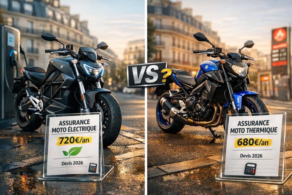 Comparaison visuelle entre une moto électrique et une moto thermique avec leurs devis d'assurance respectifs illustrant les différences tarifaires