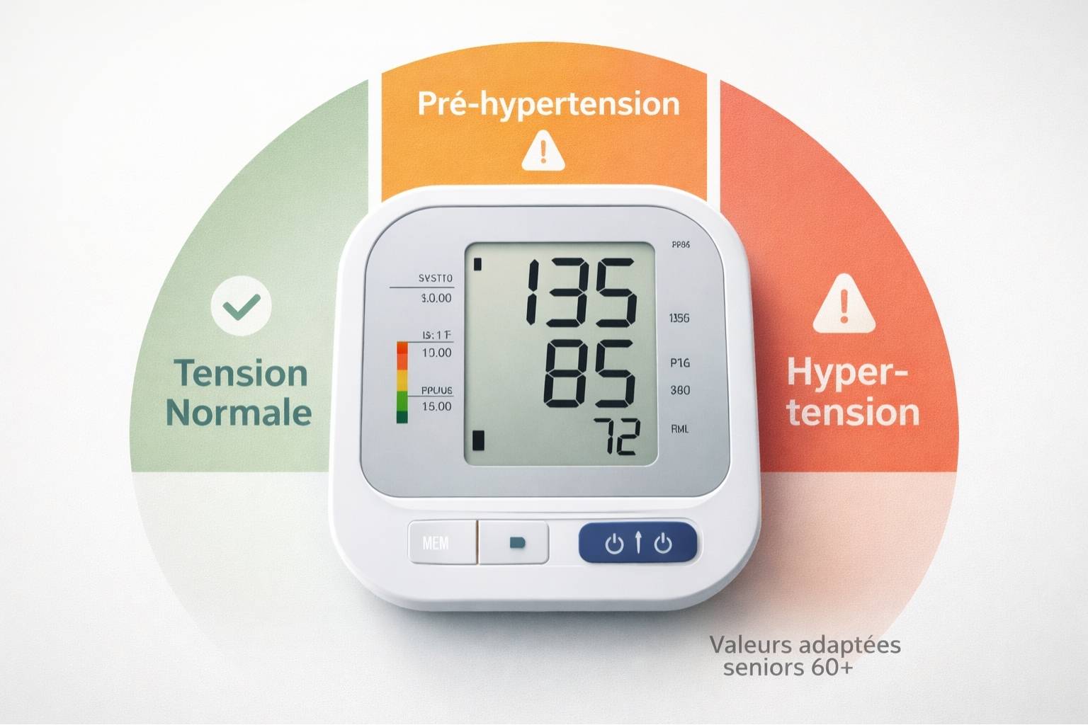 Infographie d'un tensiomètre électronique montrant les zones de tension artérielle normale, pré-hypertension et hypertension pour les seniors français