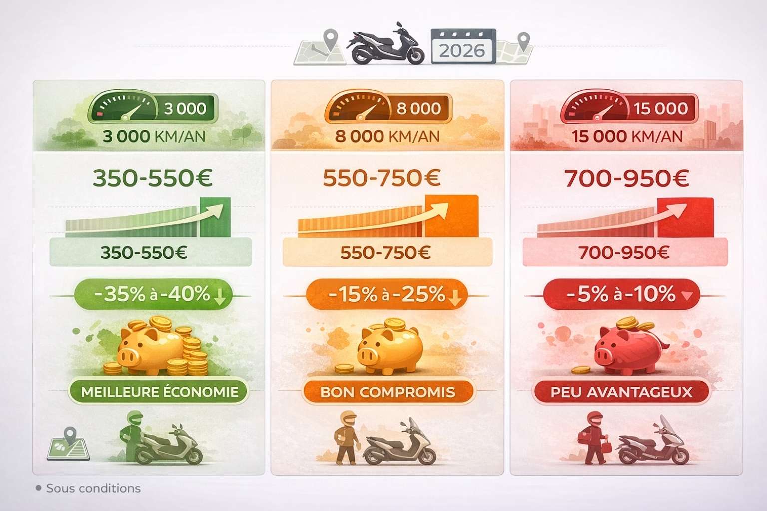 Tableau comparatif infographique professionnel trois colonnes montrant tarifs assurance moto formule au kilomètre 2026 : faible kilométrage 3000 km an 350-550 euros avec économies 35-40 pourcent en vert, kilométrage moyen 8000 km 550-750 euros économies 15-25 pourcent en orange, kilométrage élevé 15000 km 700-950 euros économies 5-10 pourcent en rouge, avec flèches et badges économies visuels.