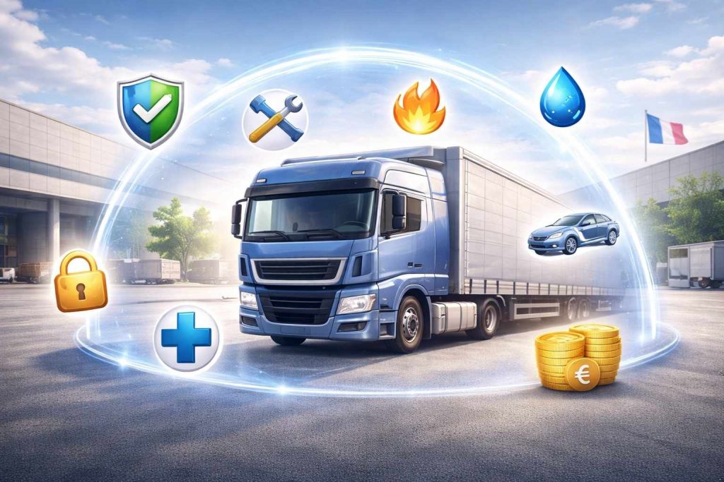 Semi-remorque protégé par bouclier transparent avec icônes couverture symbolisant assurance tous risques complète