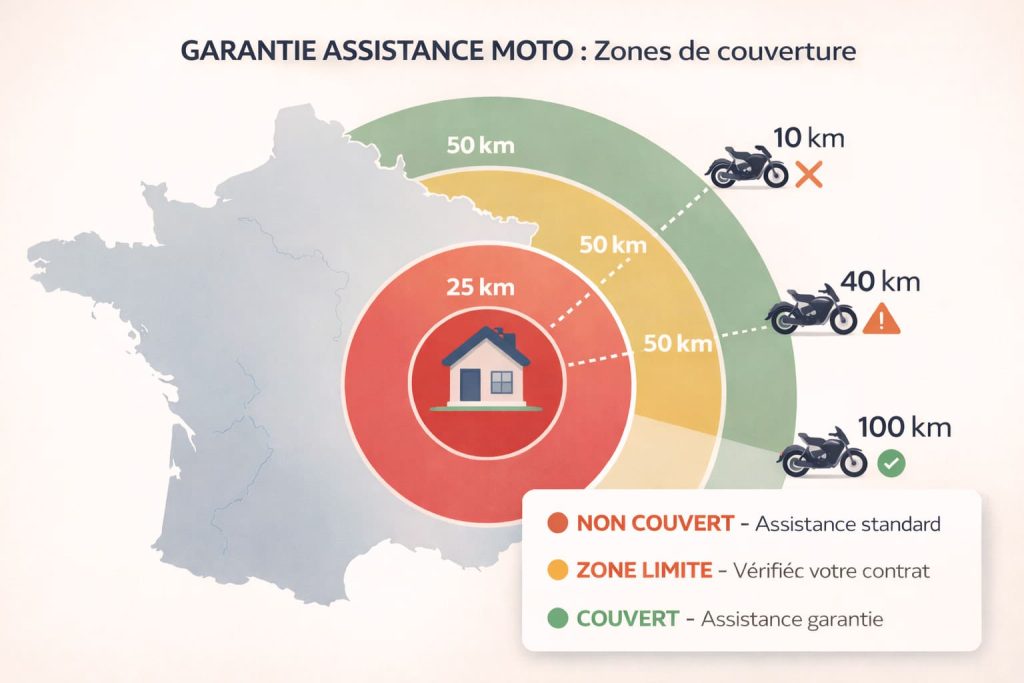 Carte illustrant les zones de couverture de la garantie assistance moto selon la distance du domicile
