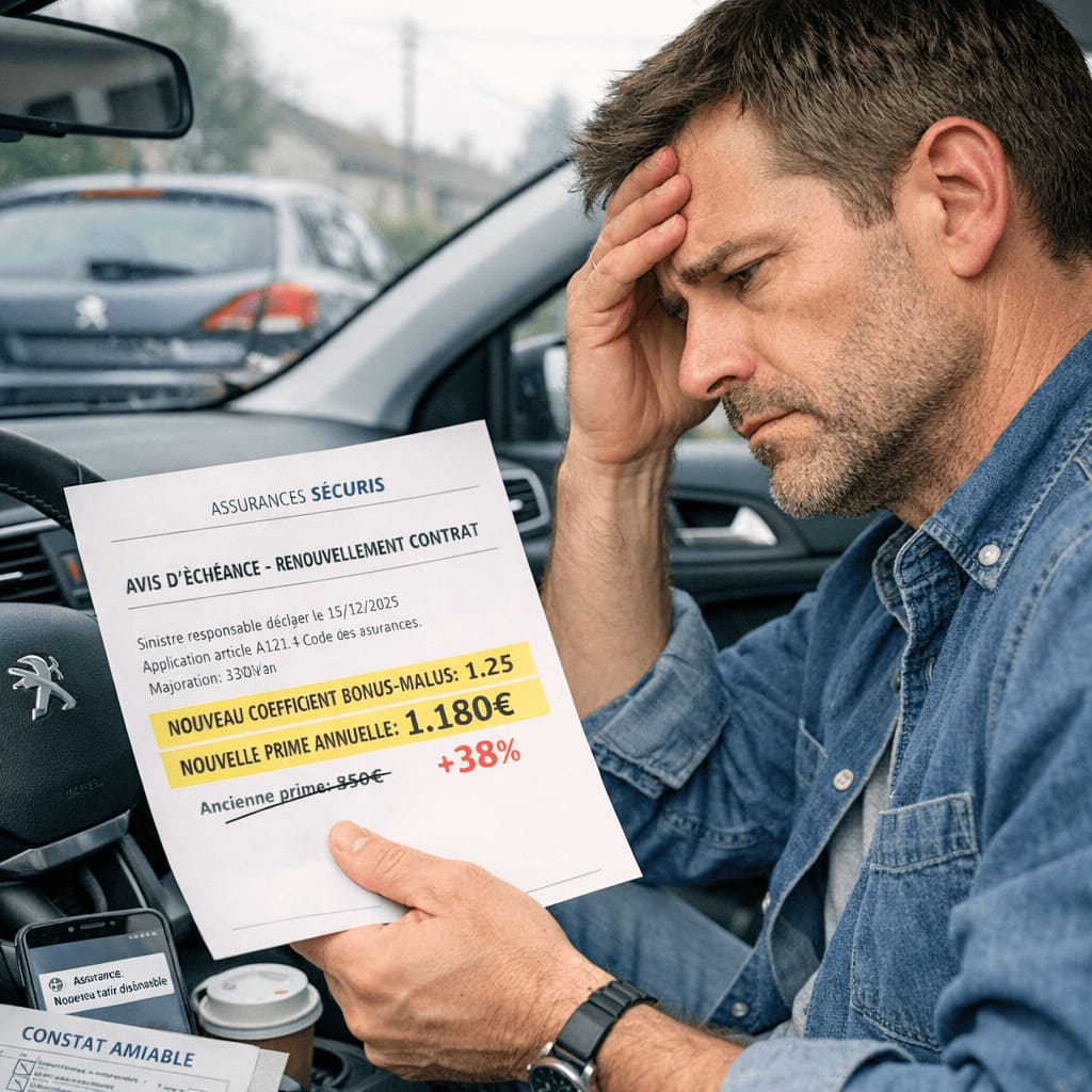 Conducteur inquiet dans sa voiture lisant une lettre d'assurance montrant l'augmentation de sa prime et son coefficient malus après accident responsable