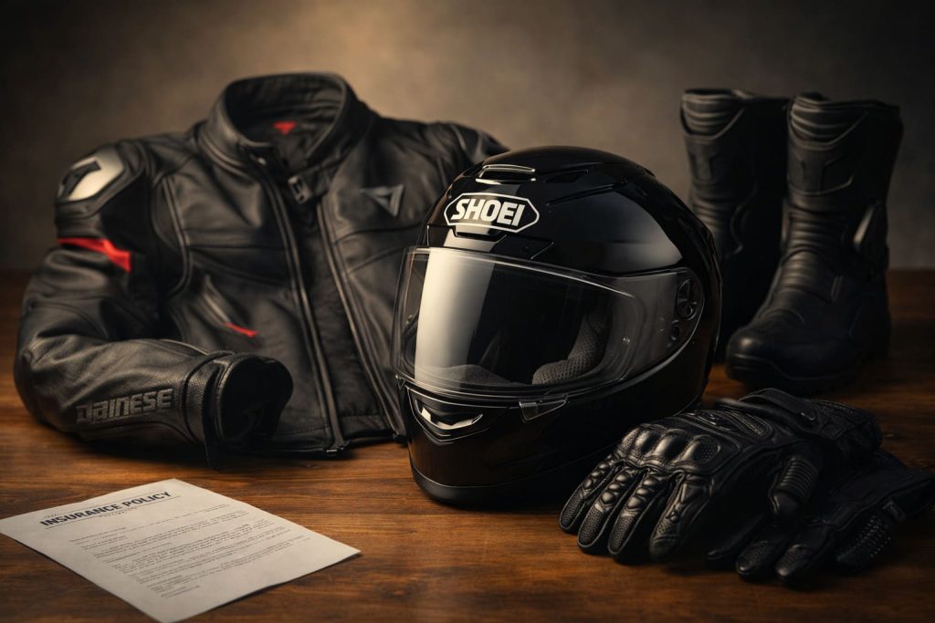 Équipement de moto complet incluant casque, blouson, gants et bottes disposés professionnellement pour illustrer la garantie équipement moto