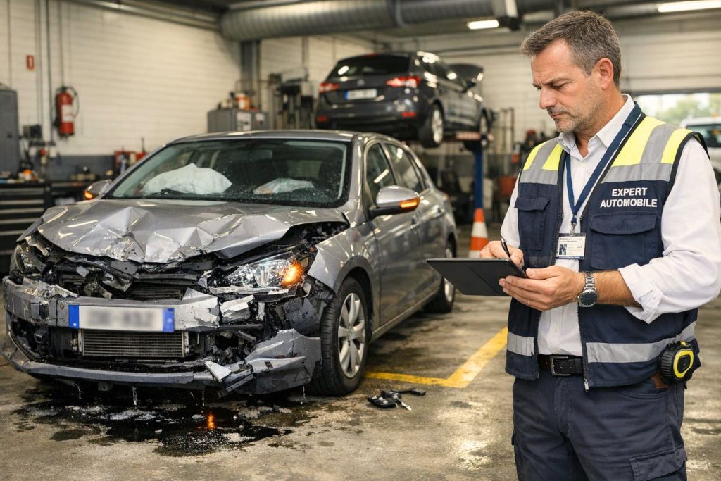 Expert automobile examinant voiture gravement endommagée et consultant sa tablette montrant déclaration VEI économiquement irréparable