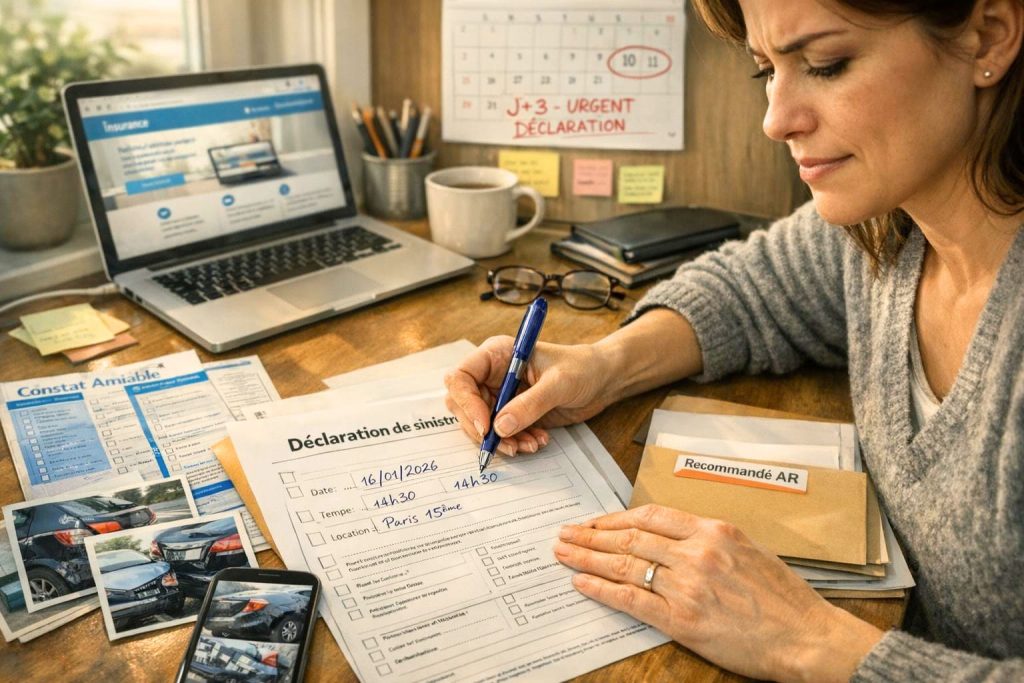 Femme remplissant une déclaration de sinistre assurance auto à domicile entourée de documents obligatoires et constat amiable