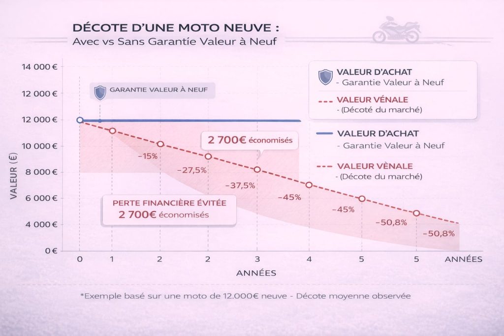 Graphique montrant la courbe de décote d'une moto neuve sur 5 ans comparée à la valeur maintenue avec garantie valeur à neuf