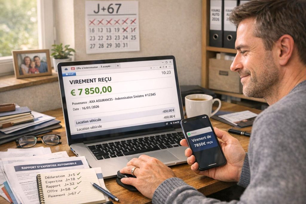 Timeline horizontale montrant les délais légaux d'indemnisation assurance auto depuis l'accident jusqu'au paiement en 6 étapes