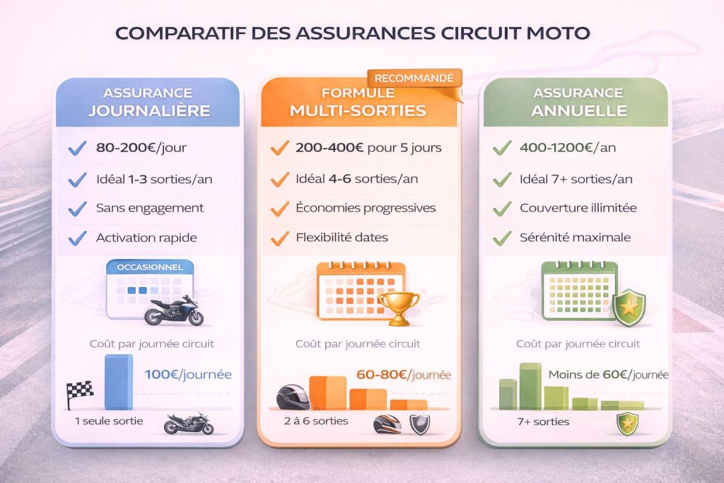 Infographie comparant les trois formules d'assurance moto circuit : journalière, multi-sorties et annuelle avec tarifs et caractéristiques