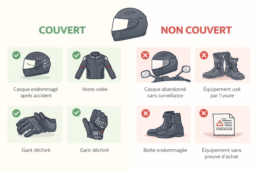 Infographie comparative montrant les situations couvertes et non couvertes par la garantie équipement moto