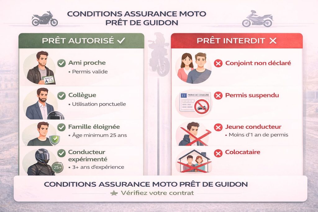 Infographie montrant les personnes autorisées et interdites pour le prêt de guidon selon les conditions d'assurance moto