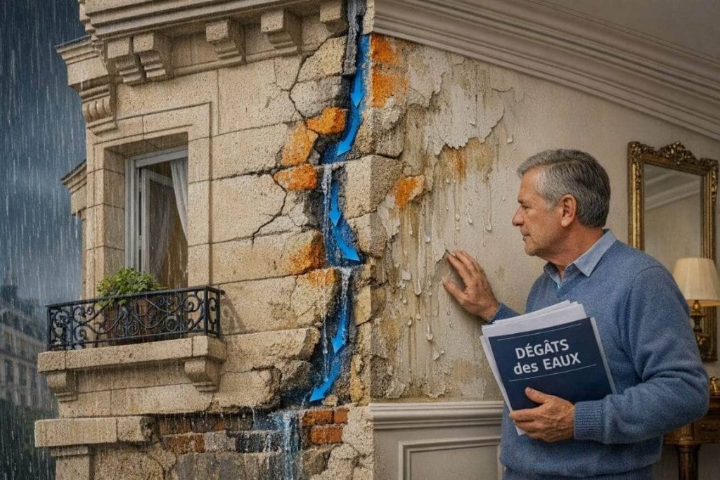 Vue en coupe d'une façade d'immeuble montrant l'infiltration d'eau de pluie à travers une fissure avec dégâts intérieurs