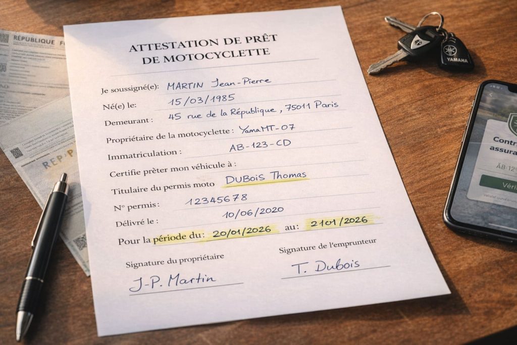 Modèle d'attestation de prêt de moto rempli avec les mentions obligatoires surlignées pour sécuriser le prêt de guidon