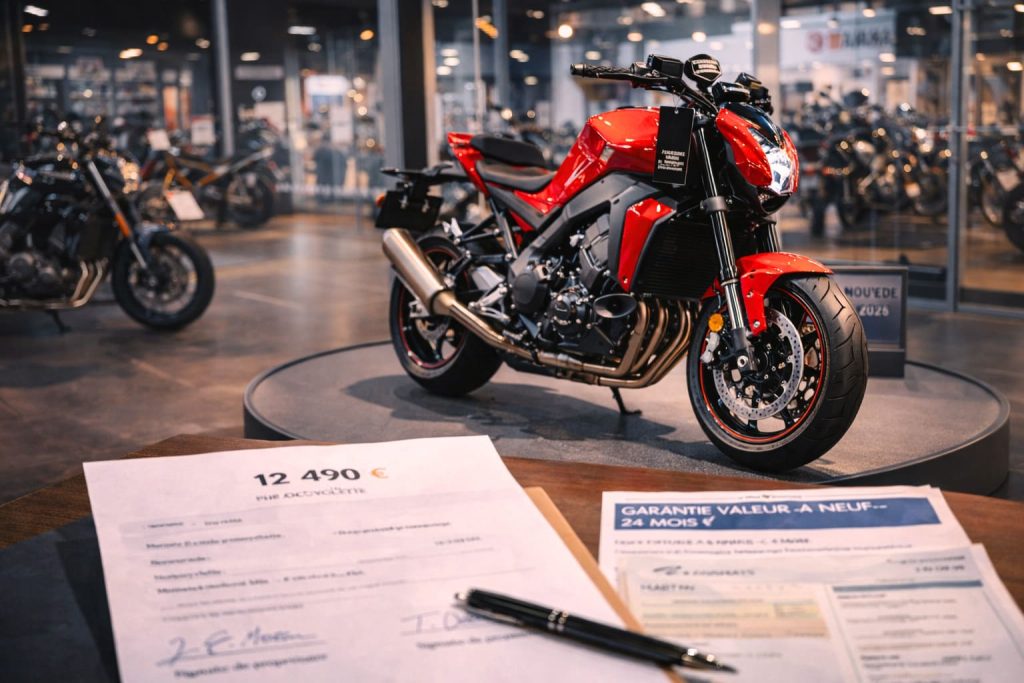 Moto neuve en concession avec documents d'assurance valeur à neuf illustrant la protection du prix d'achat