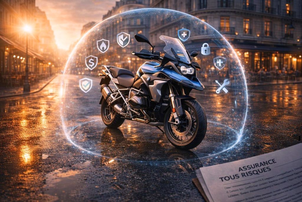 Moto moderne protégée par un bouclier symbolique illustrant la couverture complète de l'assurance moto tous risques