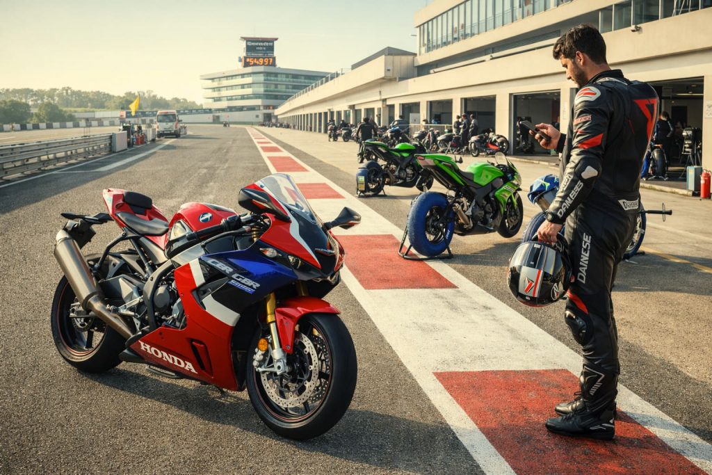Pilote en équipement complet avec sa moto sportive dans les paddocks d'un circuit lors d'une session trackday