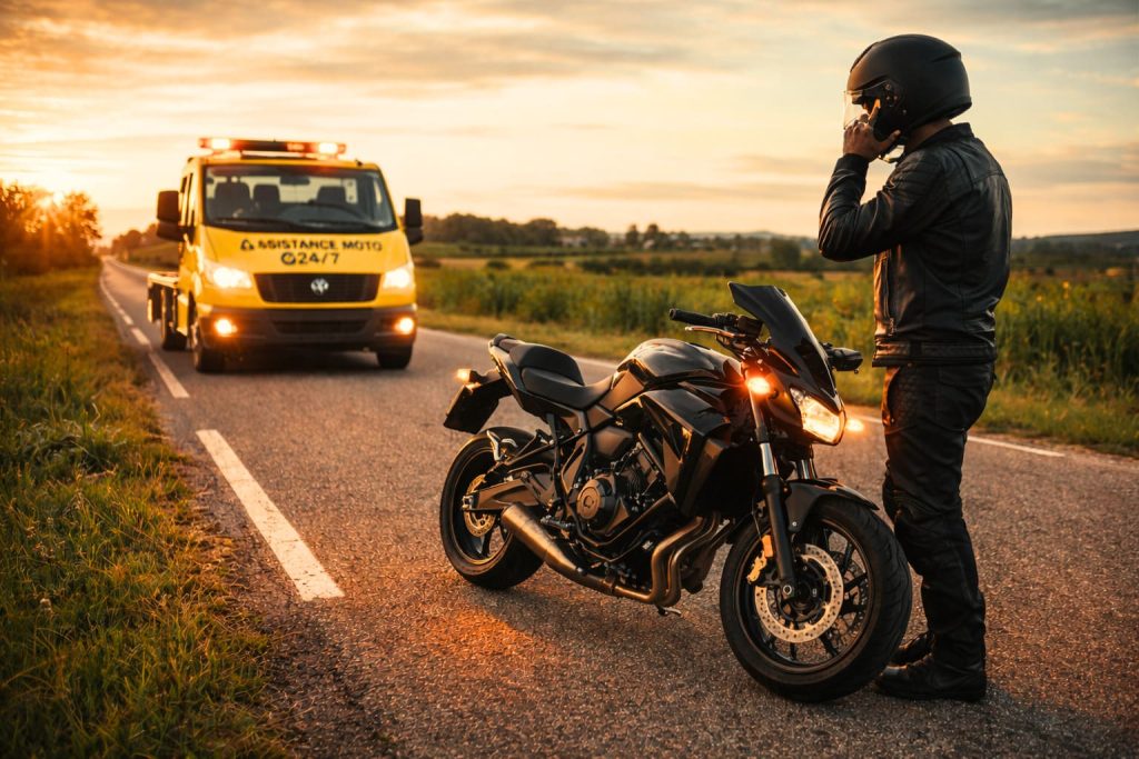 Motard en panne sur une route de campagne appelant son assistance moto avec une dépanneuse en approche