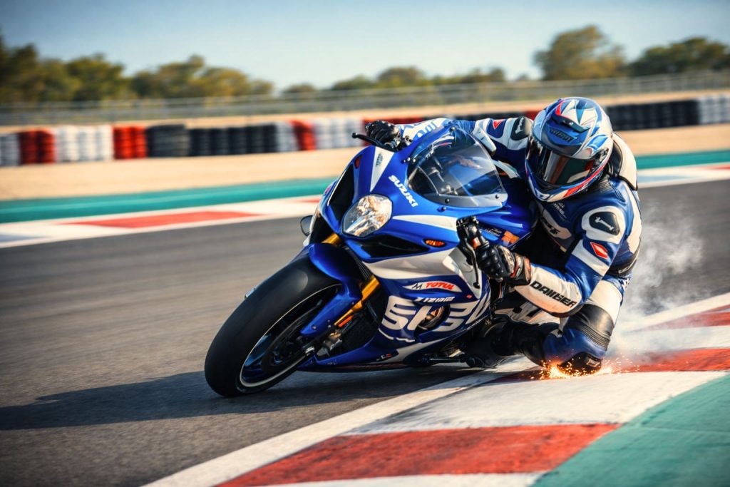 Pilote sur moto sportive en pleine inclinaison sur circuit lors d'une journée trackday couverte par une assurance moto circuit
