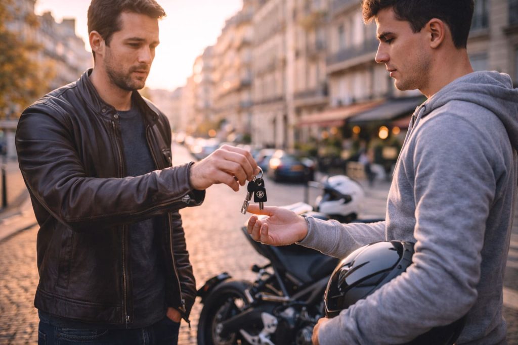 Deux personnes échangeant les clés d'une moto dans la rue illustrant le prêt de guidon et ses implications d'assurance