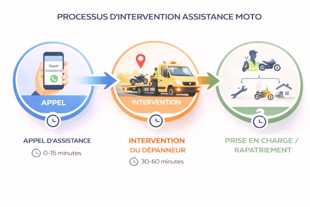 Schéma du processus d'intervention de l'assistance moto en trois étapes depuis l'appel jusqu'à la résolution