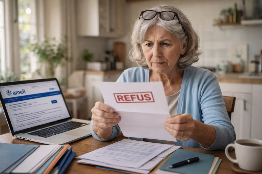 Senior française lisant une lettre de refus CSS avec documents administratifs sur la table