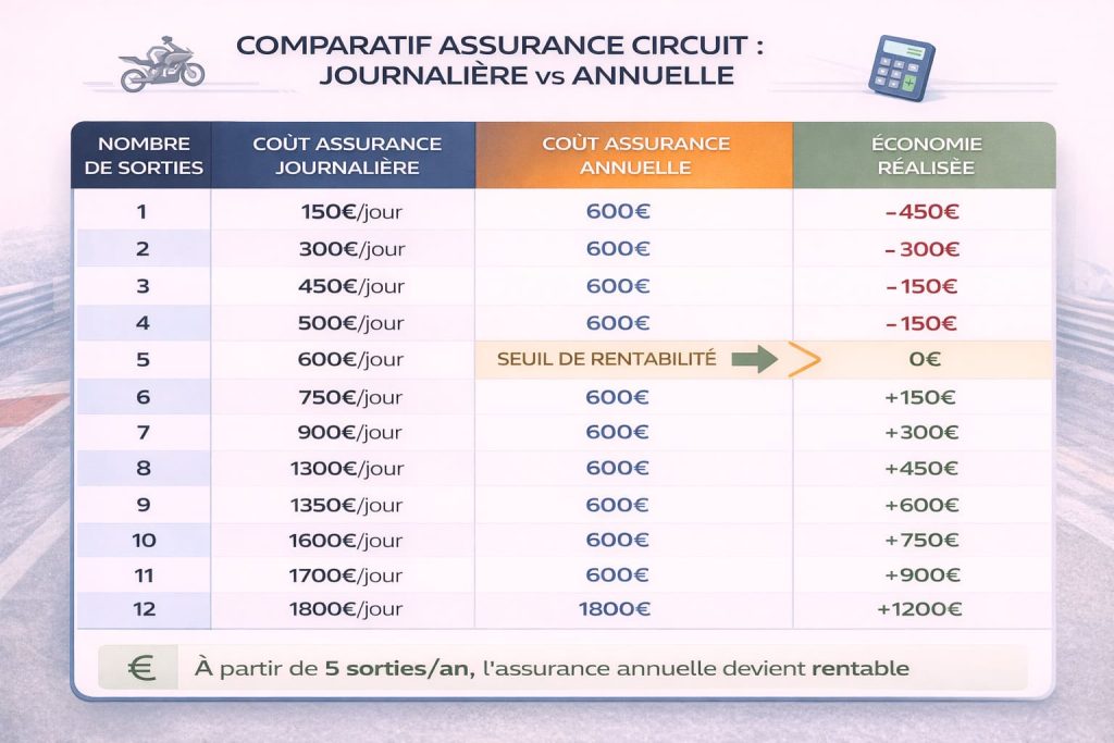 Tableau de calcul comparant le coût de l'assurance circuit journalière versus annuelle selon le nombre de sorties piste