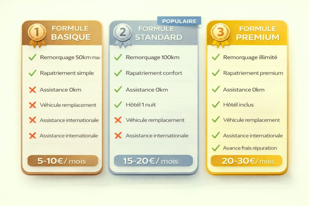 Tableau comparatif des trois niveaux de garantie assistance moto avec services inclus et tarifs mensuels