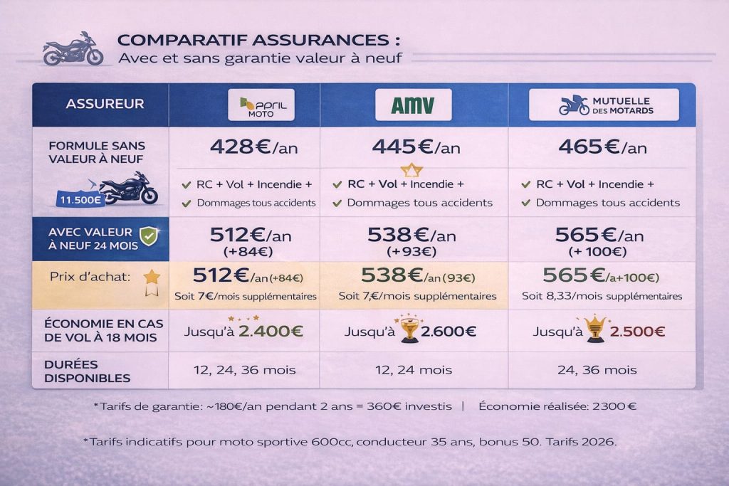 Tableau comparant les tarifs de trois assureurs pour une couverture moto avec et sans garantie valeur à neuf