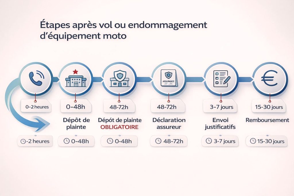Timeline illustrant les étapes et délais à respecter après un vol ou accident endommageant l'équipement moto